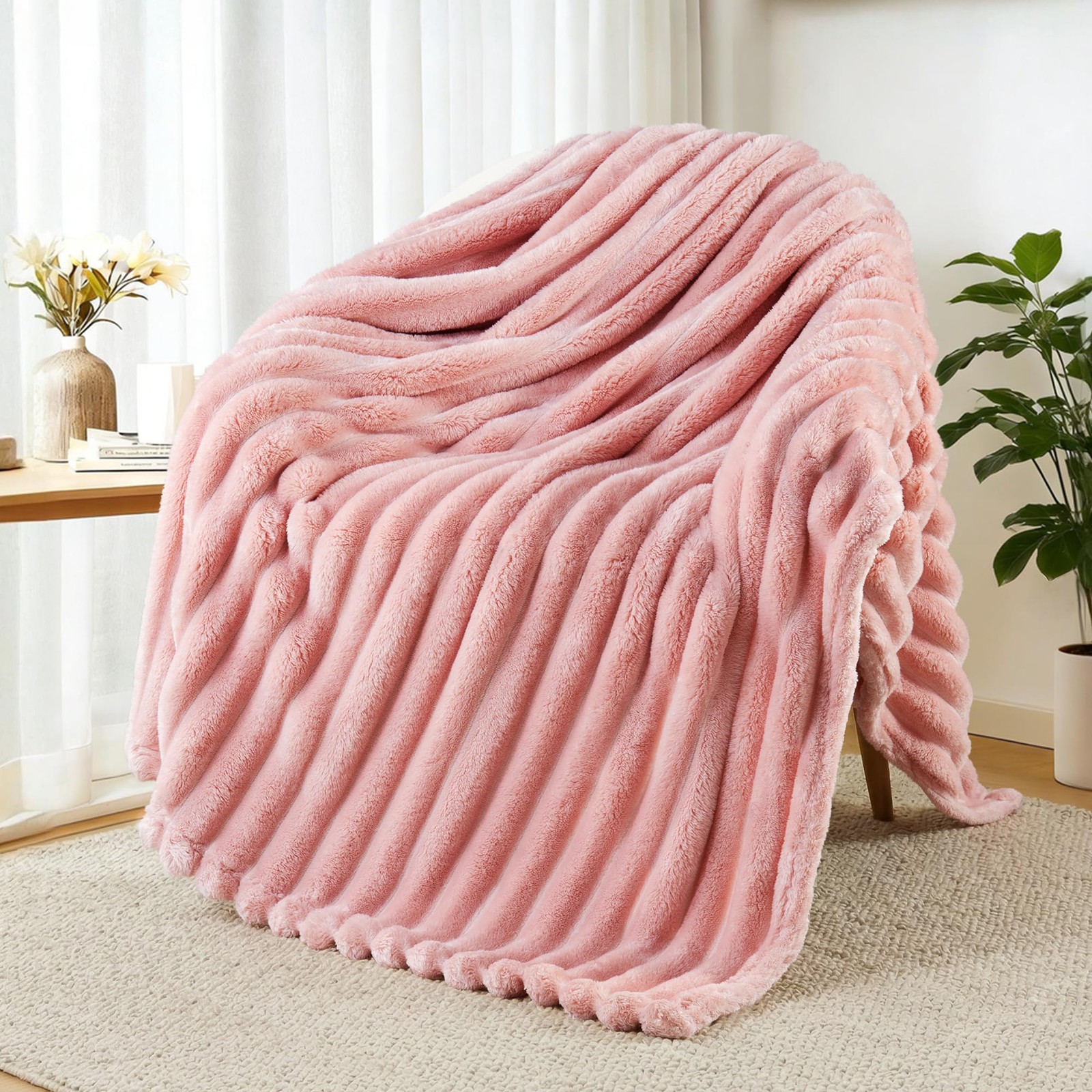 Fleece Throw Blanket for Couch, Super Soft Striped Jacquard Bed Blanket, Ligh...