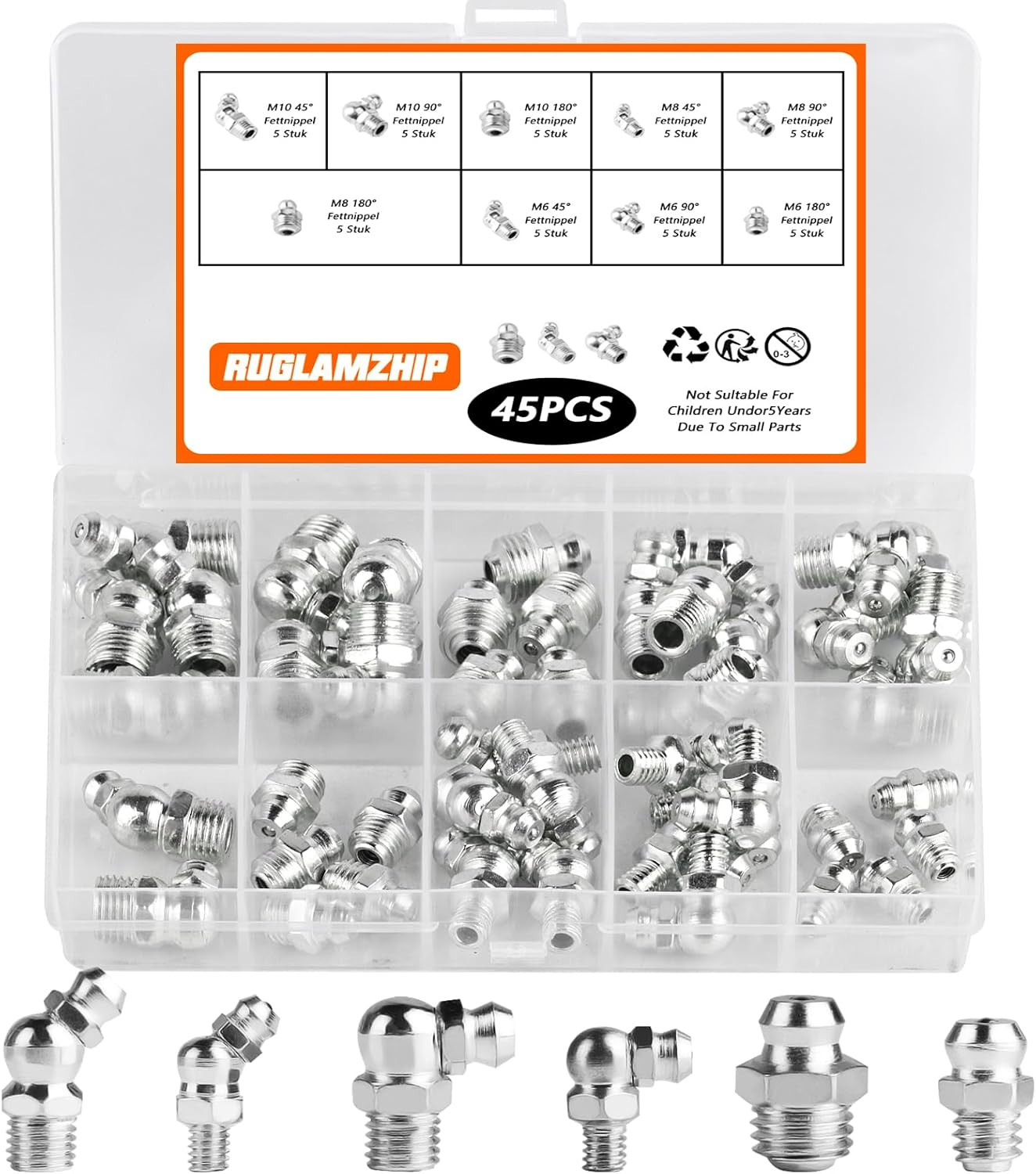 45 Pcs Metric Grease Fittings Assortment Kit 45 90 180 Degree M6 M8 M10 Zerk Kit