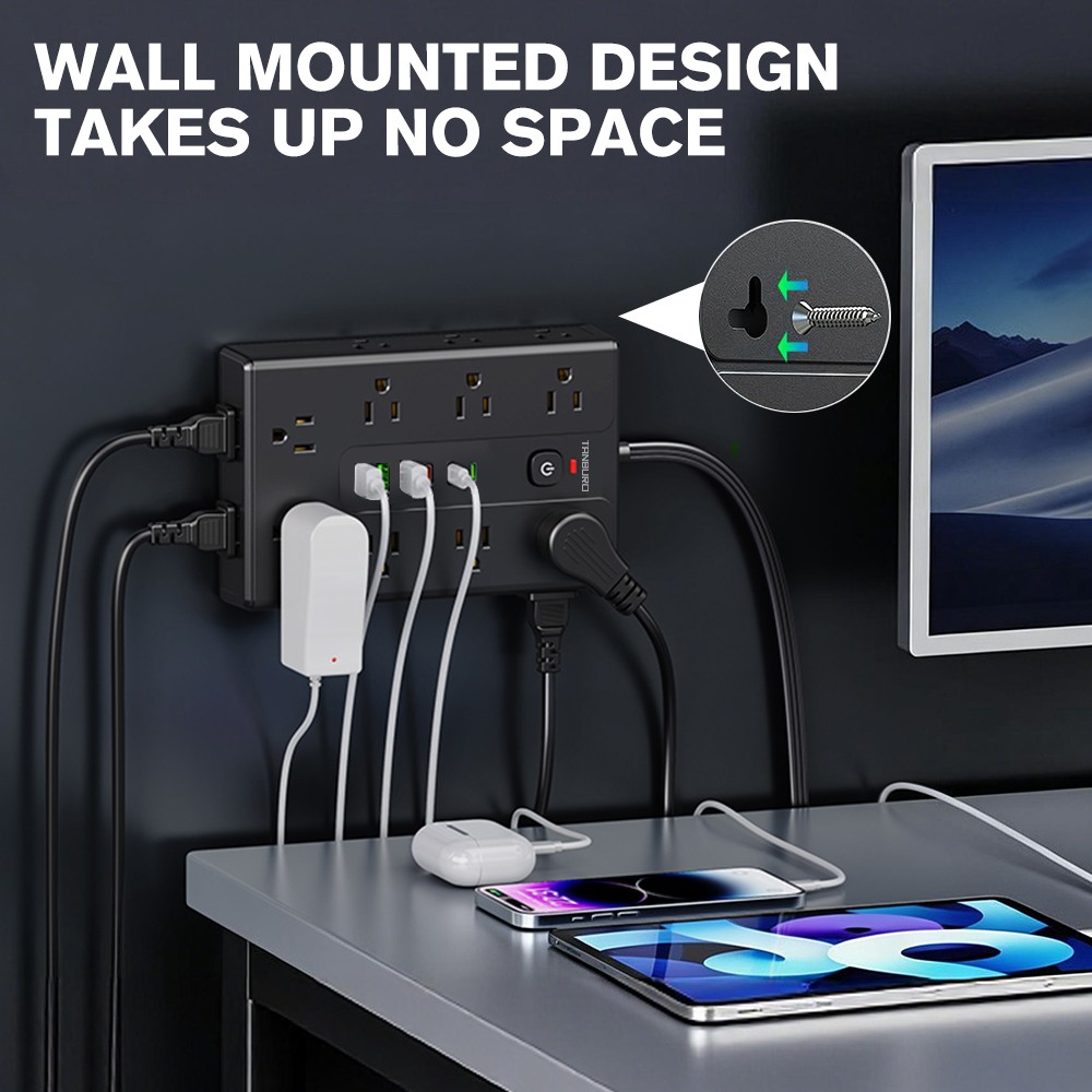Flat Plug Power Strip with 16 Outlet Extension Cord USB Port Surge Protector