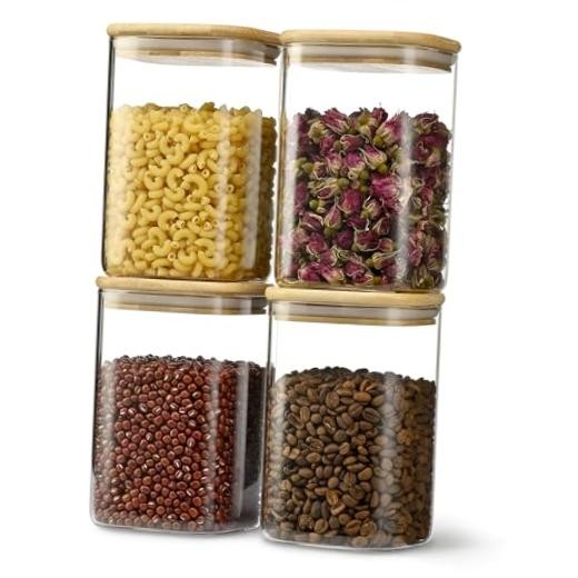 37oz Airtight Glass Square Storage Canister with Bamboo Lid Set of 4 (1100ml)