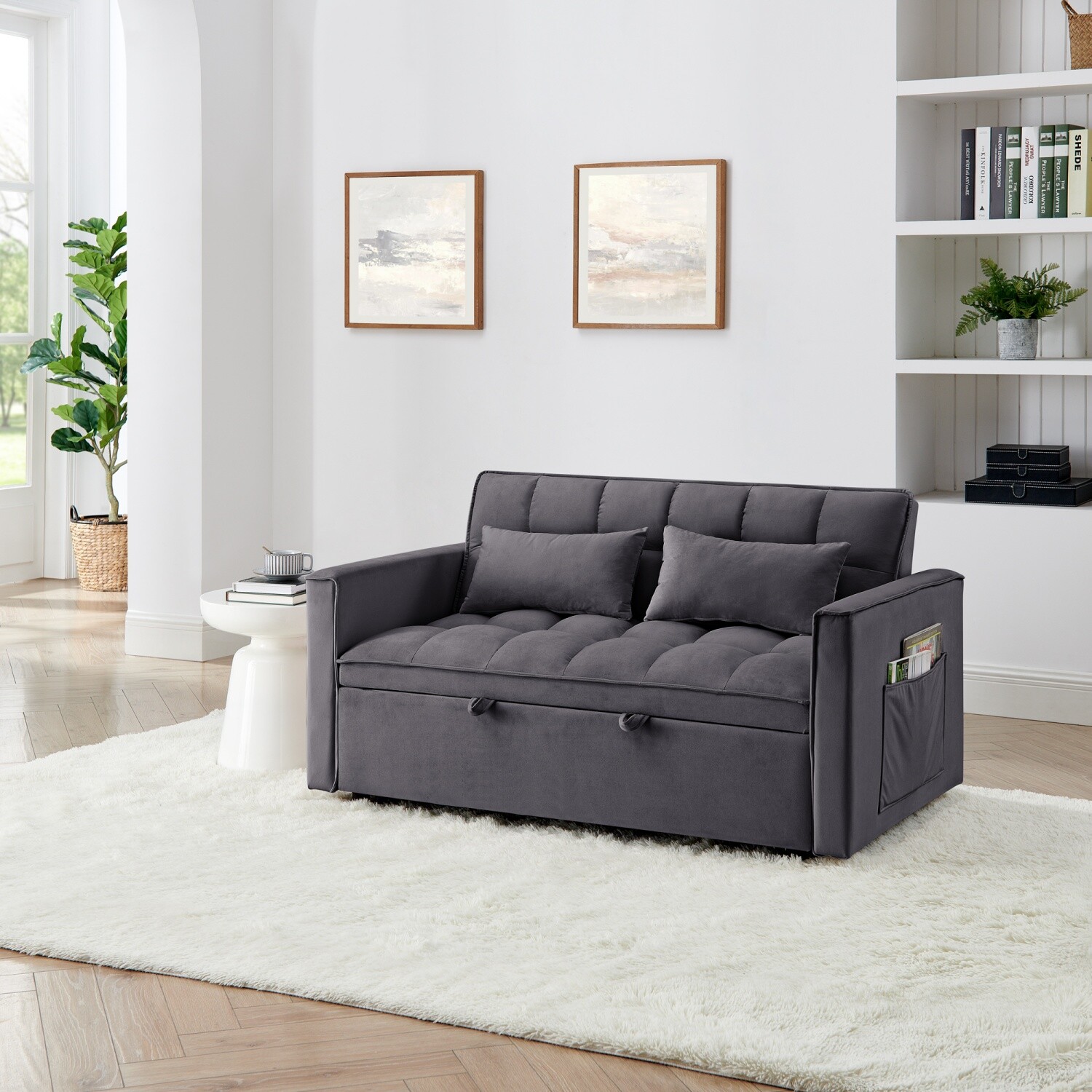 Convertible Sleeper Sofa Bed Loveseat 2 Seater Sofa w/ Pull Out Bed & 2 Pillows