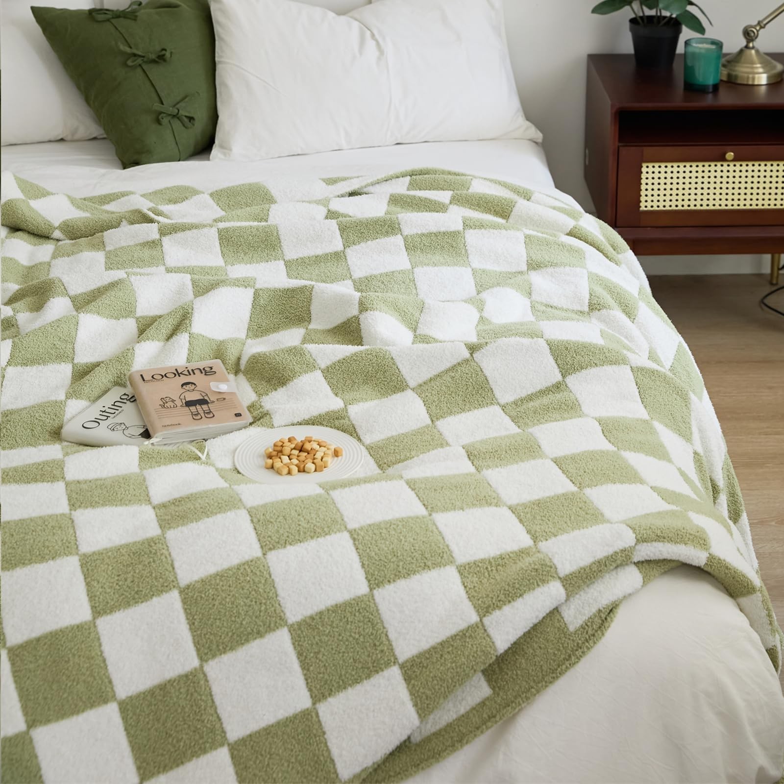 Checkered Knit Throw Blanket Ultra Soft Microfiber Reversible,Fluffy Fuzzy Co...