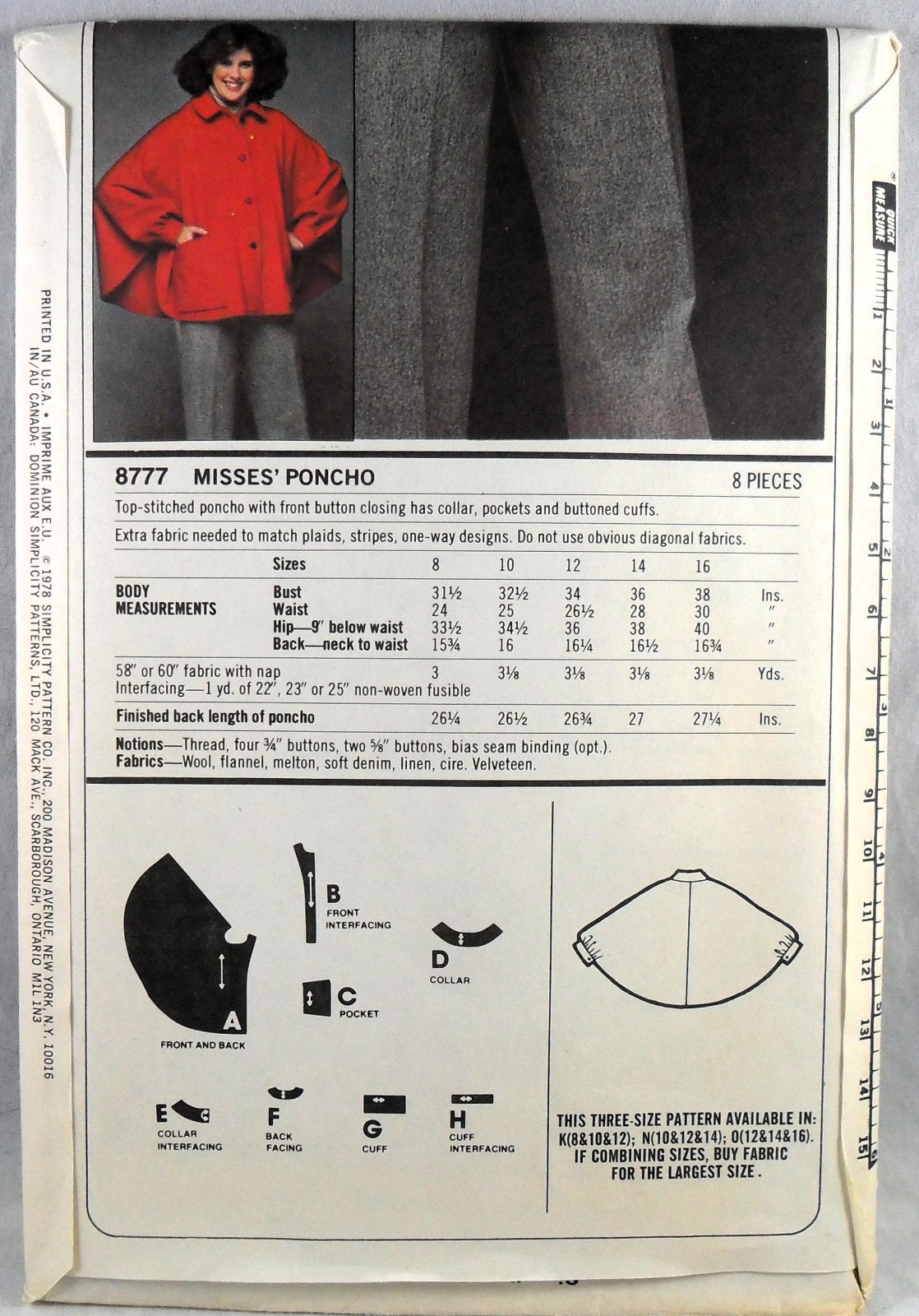 UNCUT Simplicity 8777 Poncho, bust 34-38