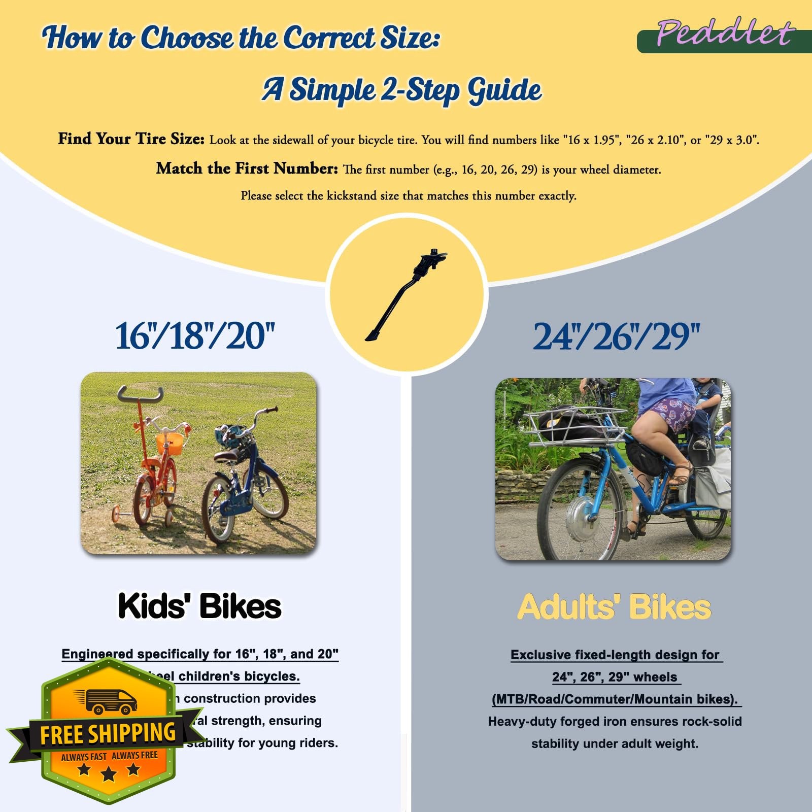 PEDDLET Kids Bike Kickstand 16-20" Fixed Length Rear Bicycle Stand