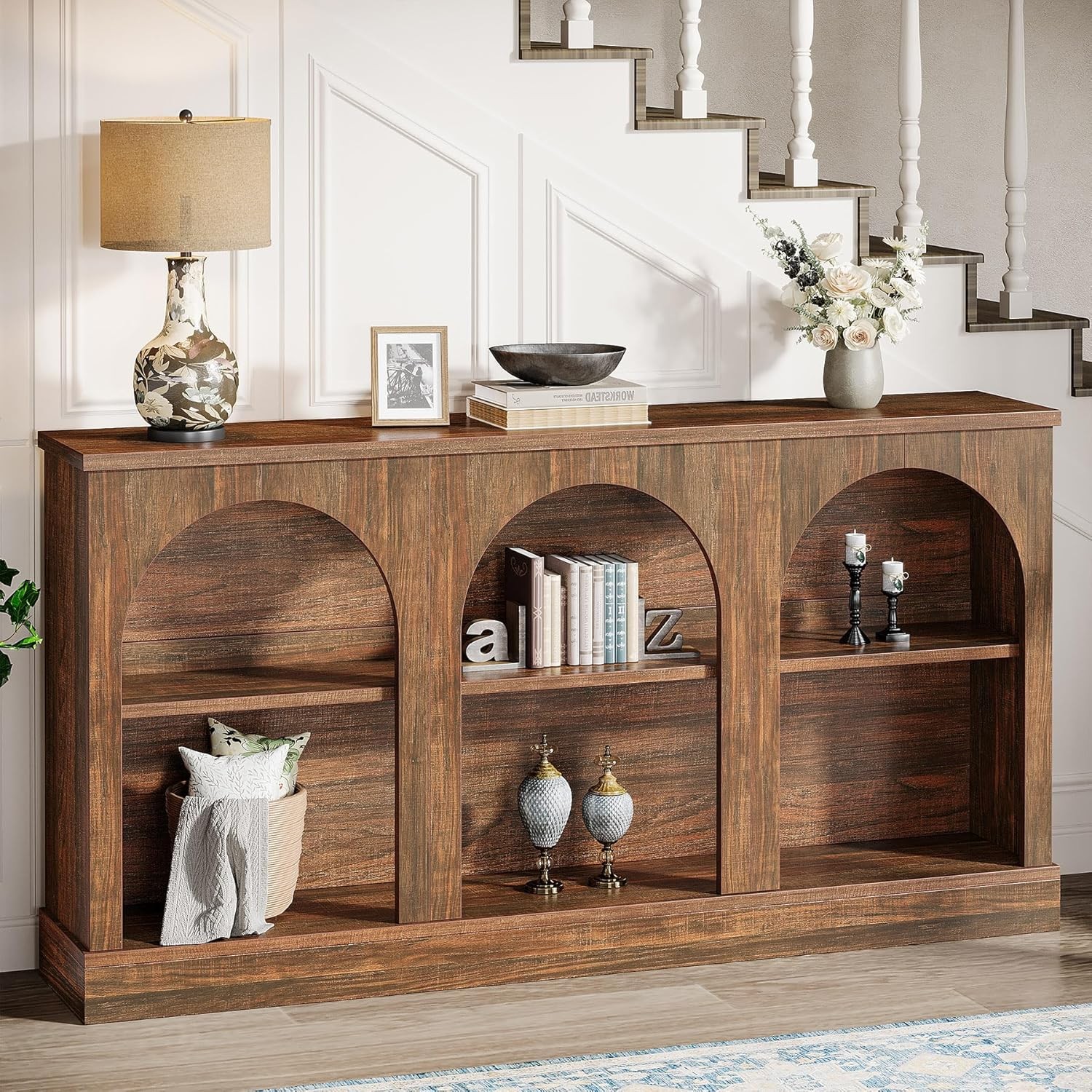 63-Inch Farmhouse Console Table, Rectangular Wooden Entryway Table with Storage
