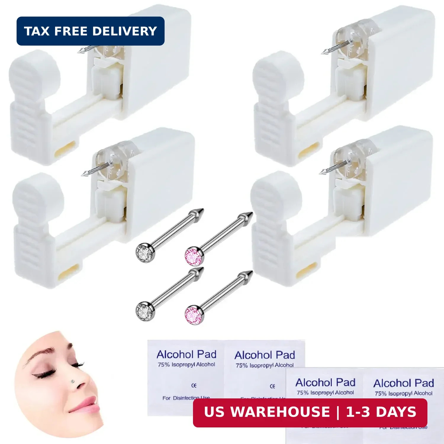 4-Pack Disposable Self Piercing Kit with Built-in Nose Studs, Very Safe Piercing