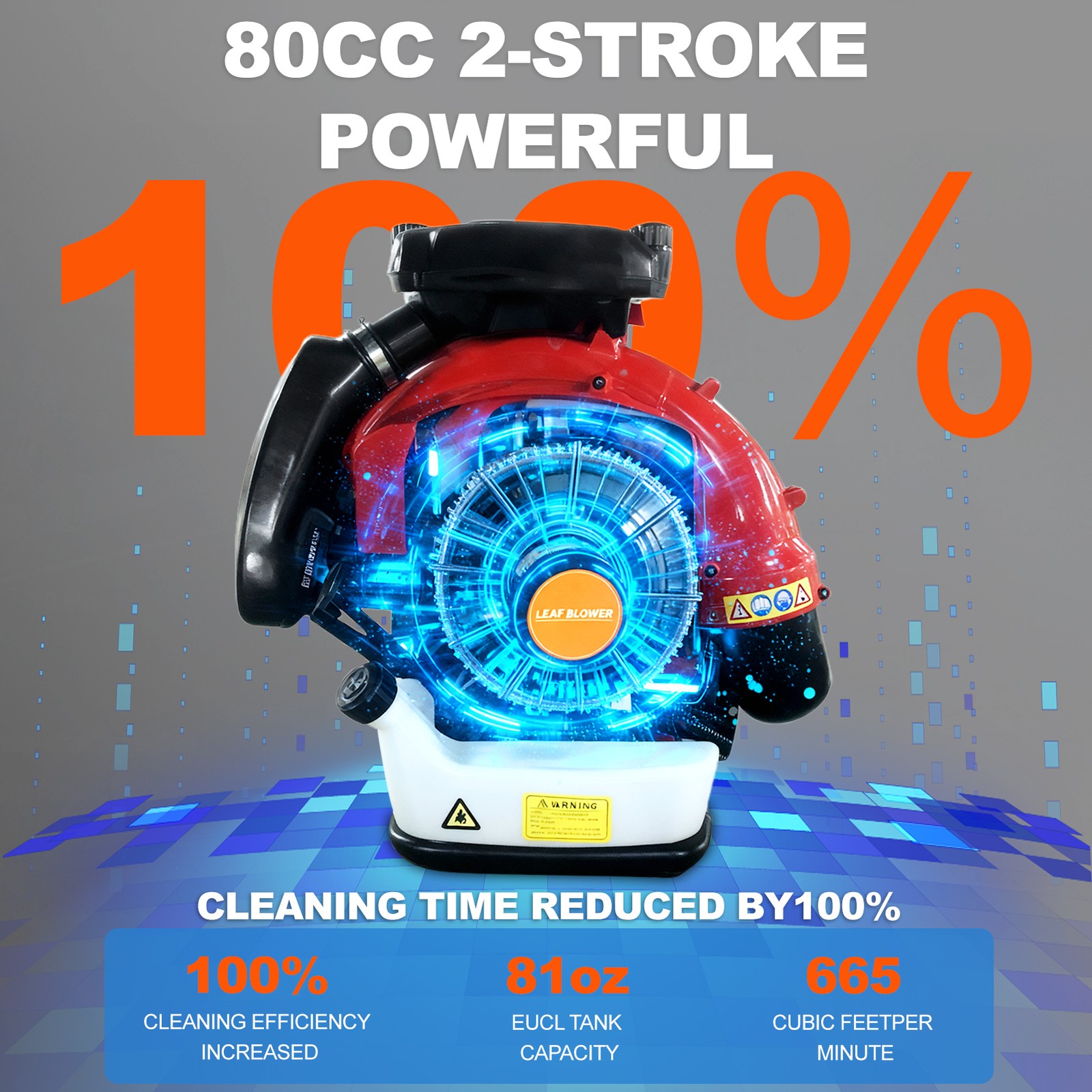 80CC Backpack Leaf Blower Cordless Gas Snow Blower 2 Stroke Engine Wind Force