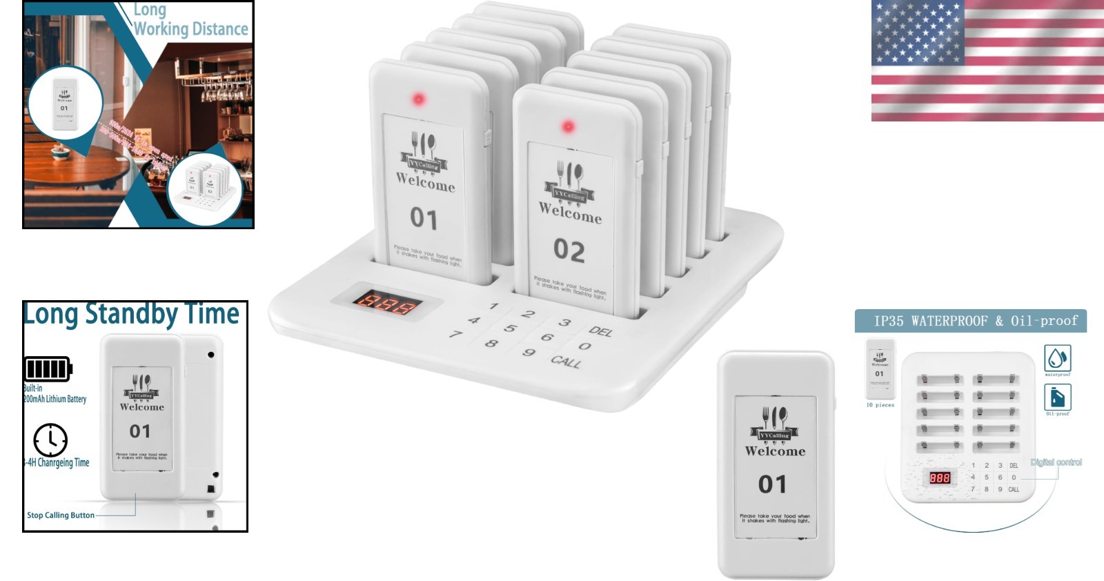 Versatile 10-Channel Restaurant Buzzers - Vibration, Flashing & Buzzer Modes