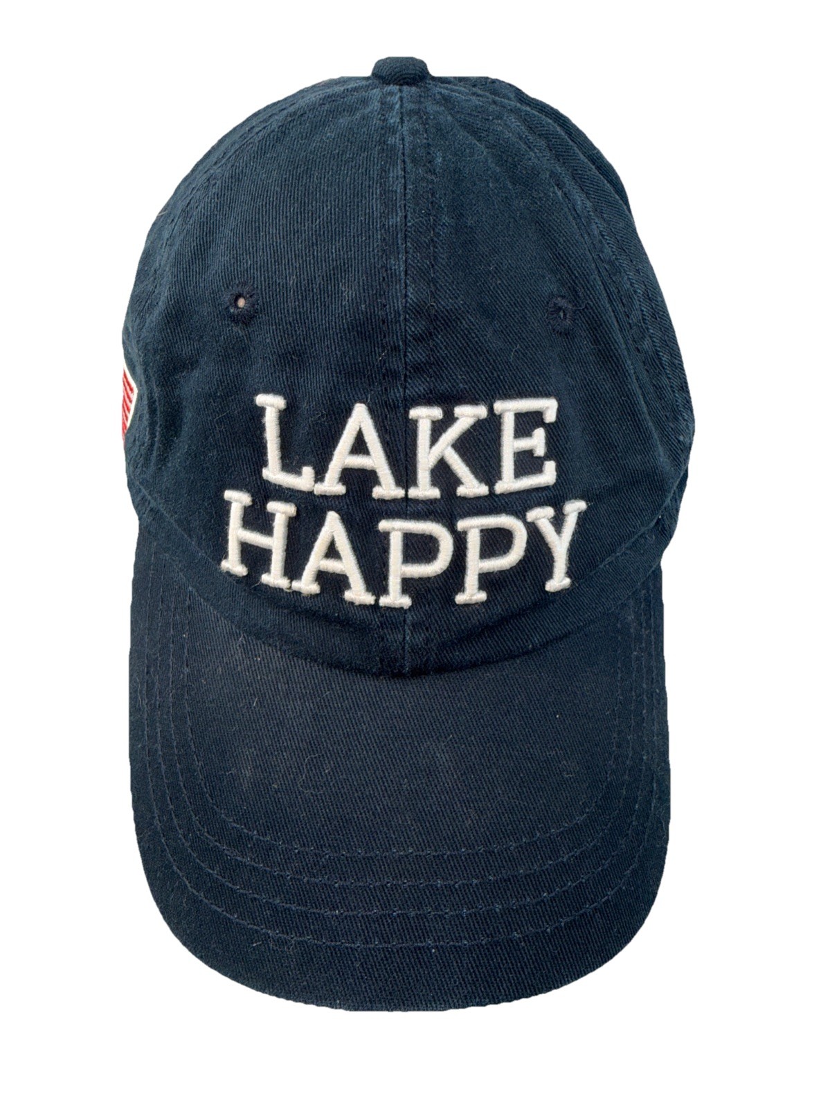 LAKE HAPPY in White Letters Navy Cotton Hat American Flag, Brand Logo Hook Loop