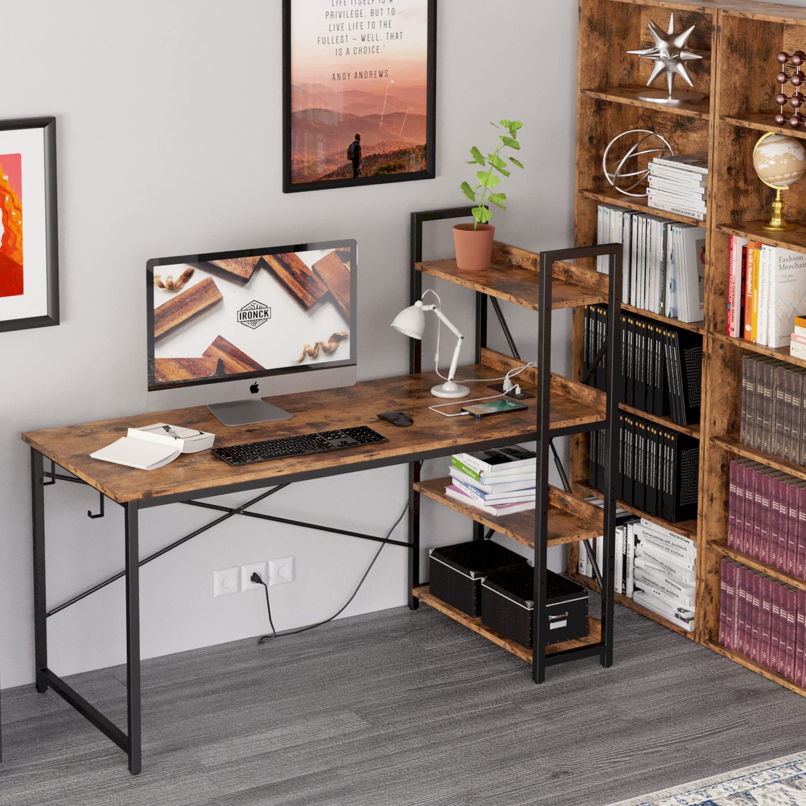 Computer Desk 55" with Power Outlet and Storage Shelves,Rustic Brown