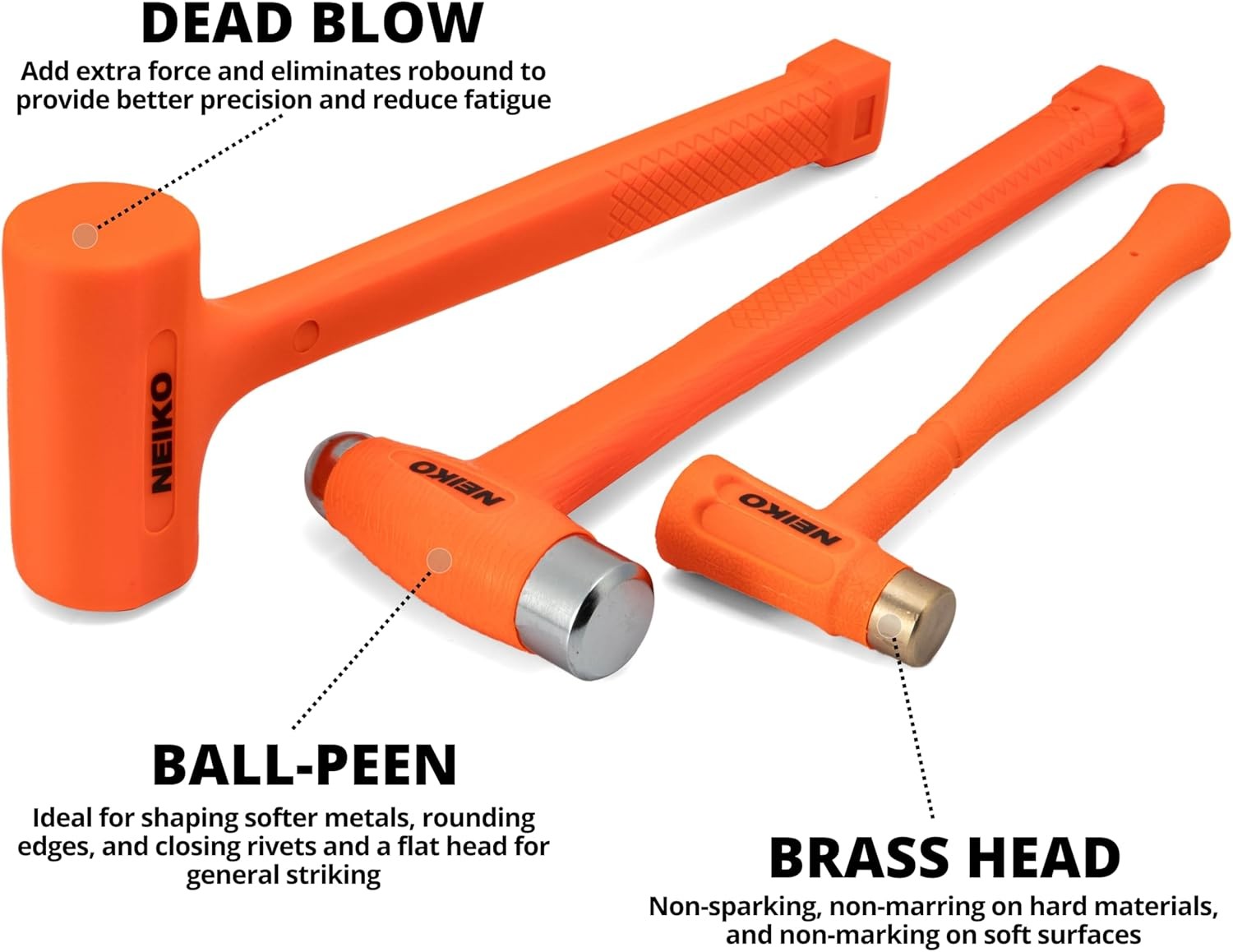 3pc Dead Blow Hammer Set Brass Cap Ball Peen Soft Blow Tools