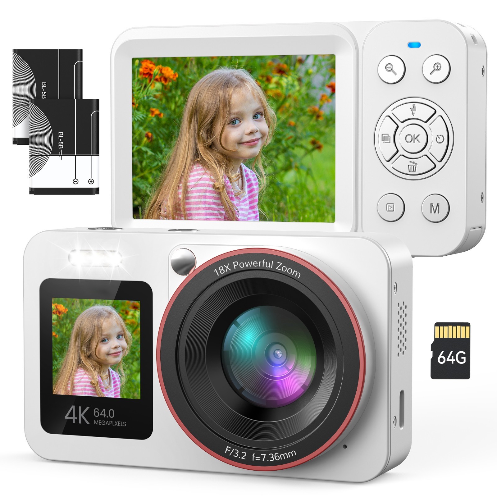 Children's Day gift Digital 18×Zoom Camera FHD Compact Camera 2 Screens White