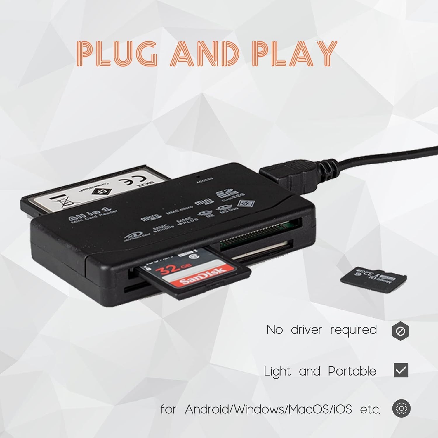 Portable USB 2.0 Card Reader - Fast 480 Mbps Transfer for Multiple Card Types