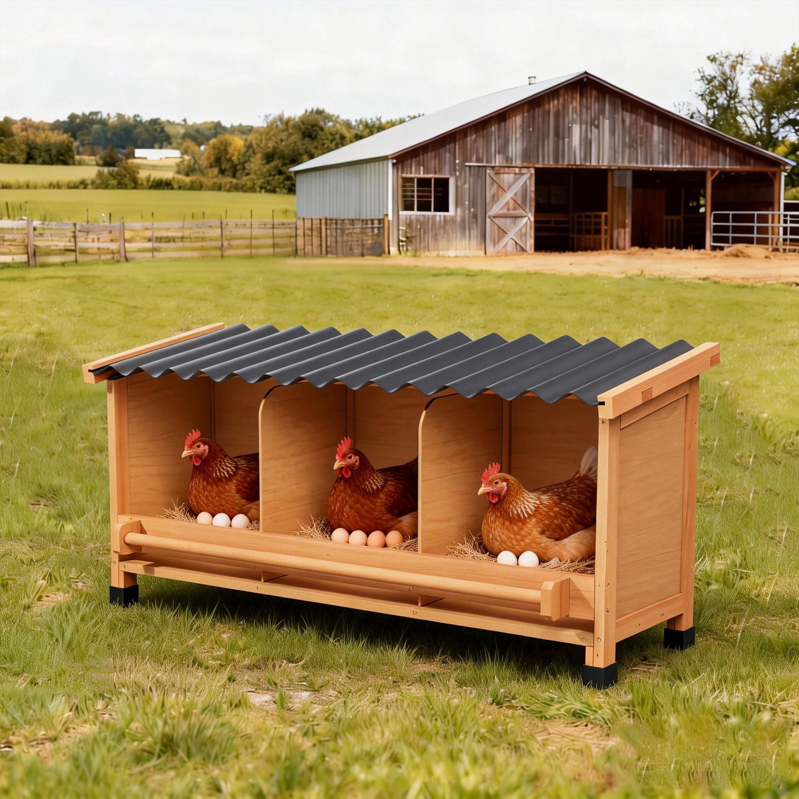 Wooden Chicken Nesting Boxes with Entry Perch and Privacy Panel Fits 6 Hens