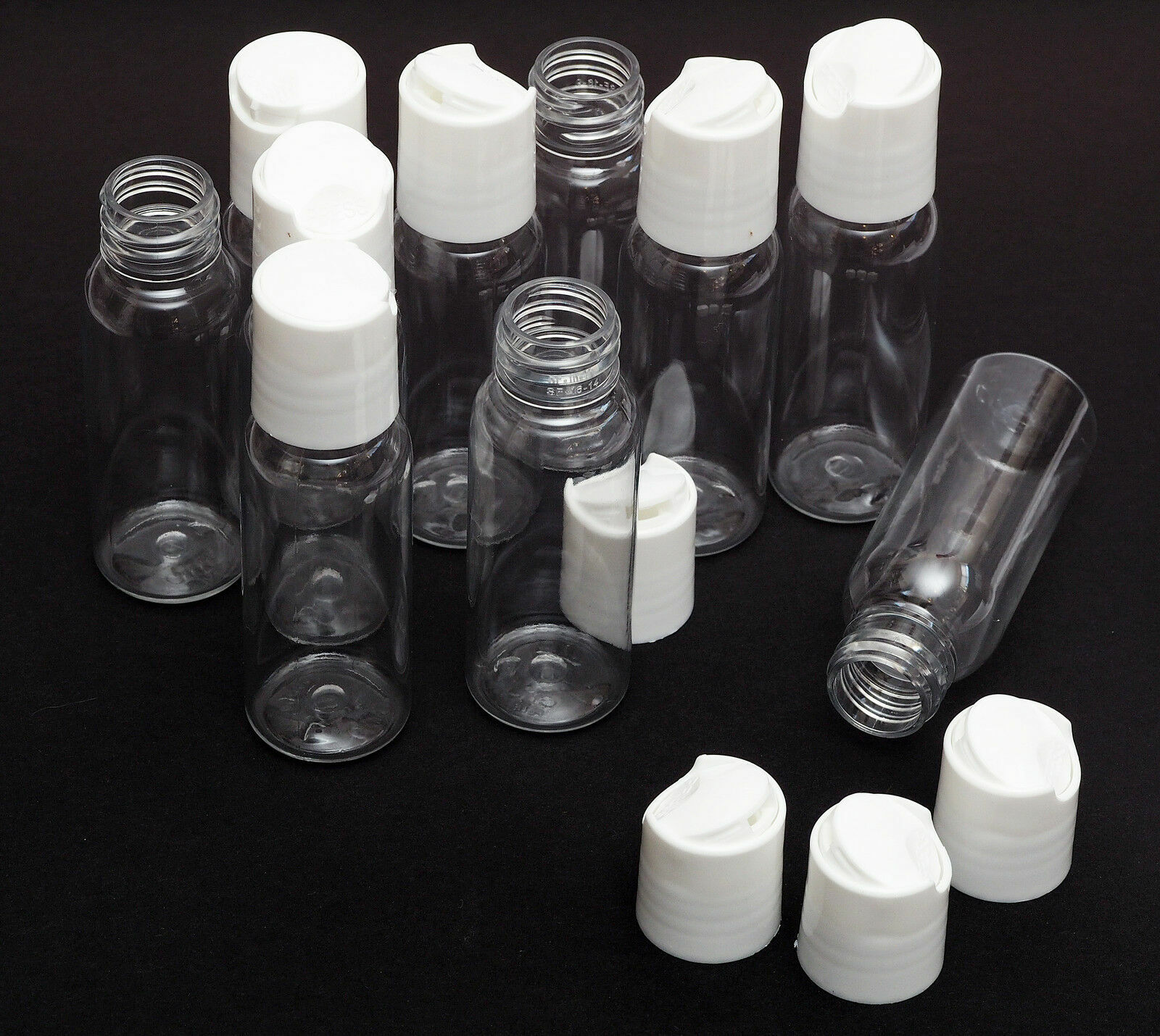 New  2 Oz Plastic Clear  Bullet PET Bottles w/ Dispensing white caps 50 PACK