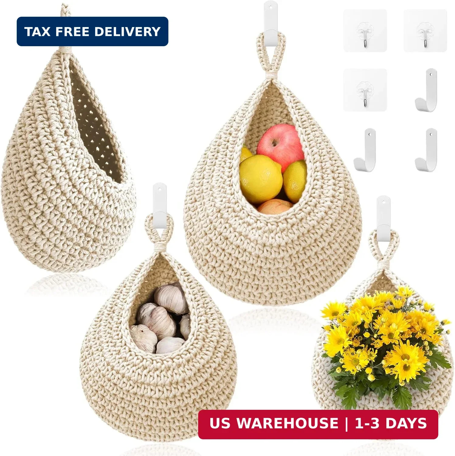 Hanging Fruit Baskets for Kitchen - 3 Pack Boho Wall Hanging Basket with 6 Pcs S