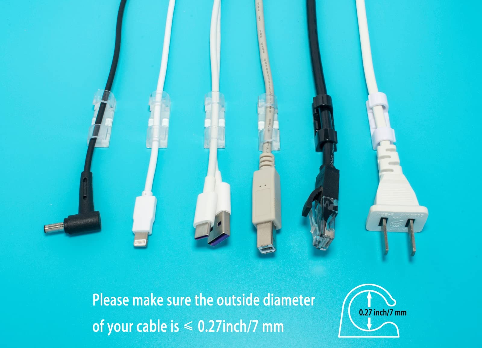 Self-Adhesive Cable Clips Organizer Drop Wire Holder 0.27 inch, Transparent