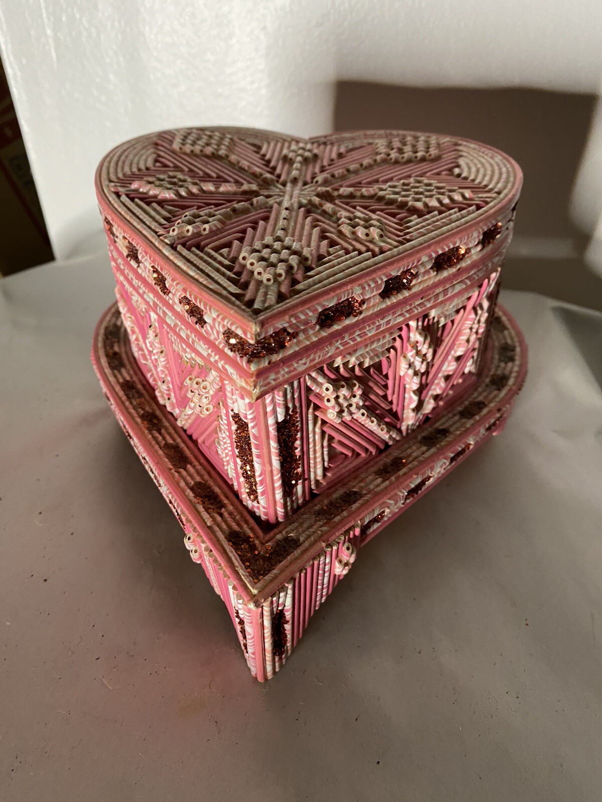 Vintage Hand Made Heart Shaped Jewelry Box Made With Toothpicks Pink Red