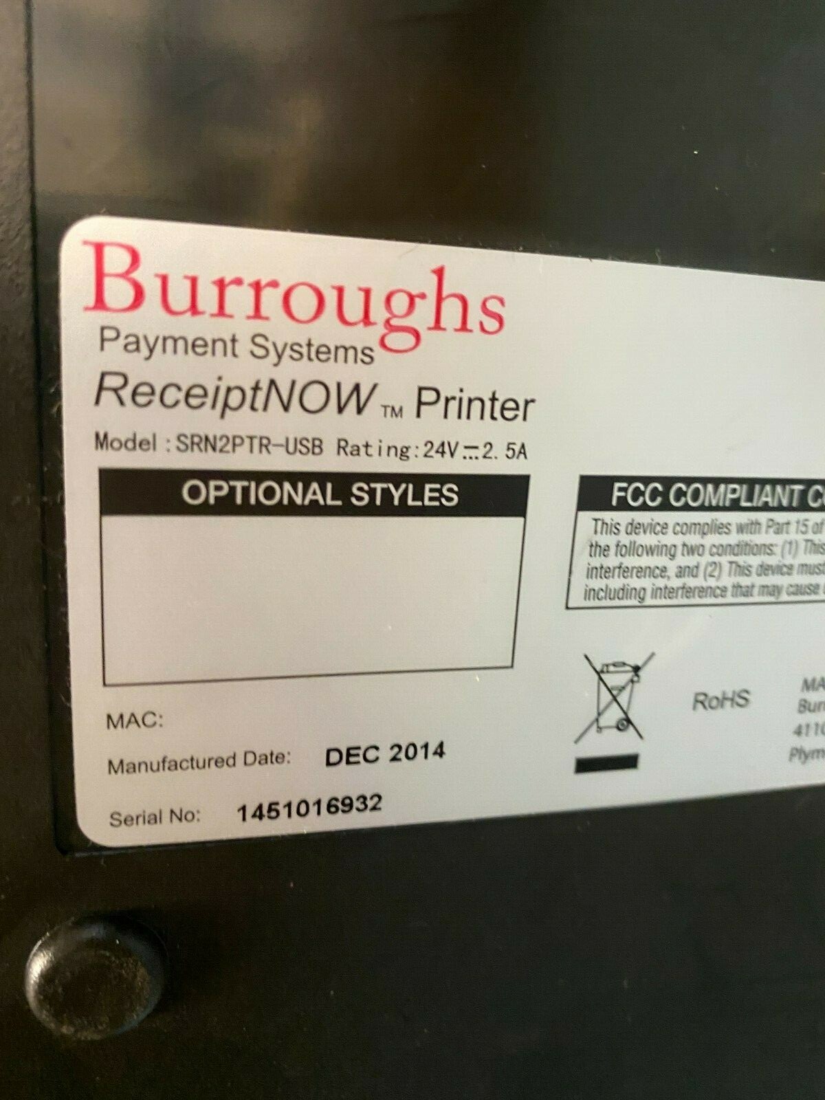 Burroughs ReceiptNOW SRN2PTR-USB for SmartSource Scanners