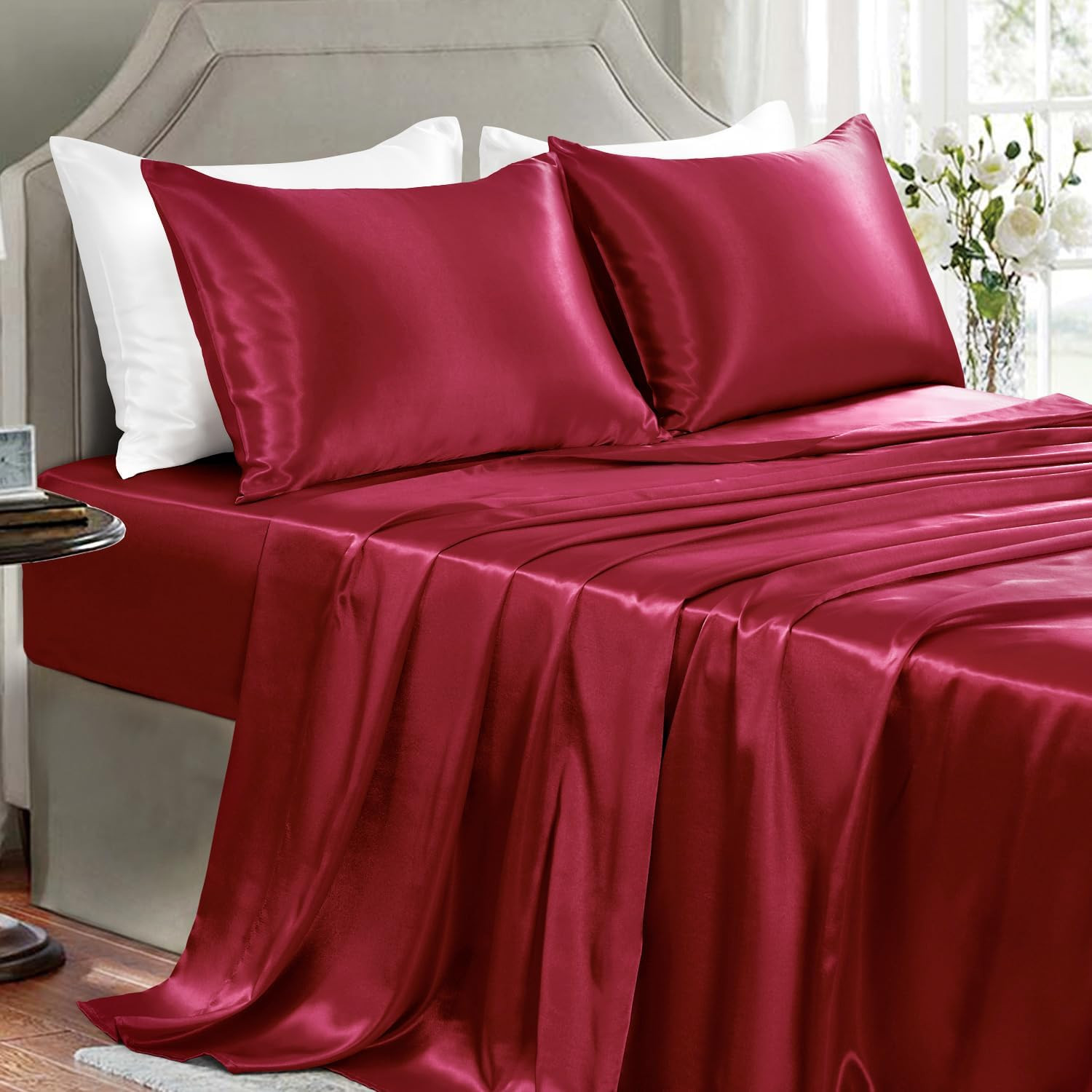 Queen Satin Bed Sheets 4 Piece Silky Soft Burgundy Deep Pocket Wrinkle Free Set