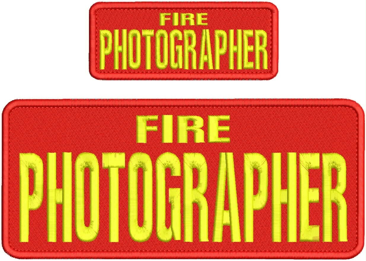 fire photographer embroidery patches 4x10 and 2x5 hook on back  yellow on red