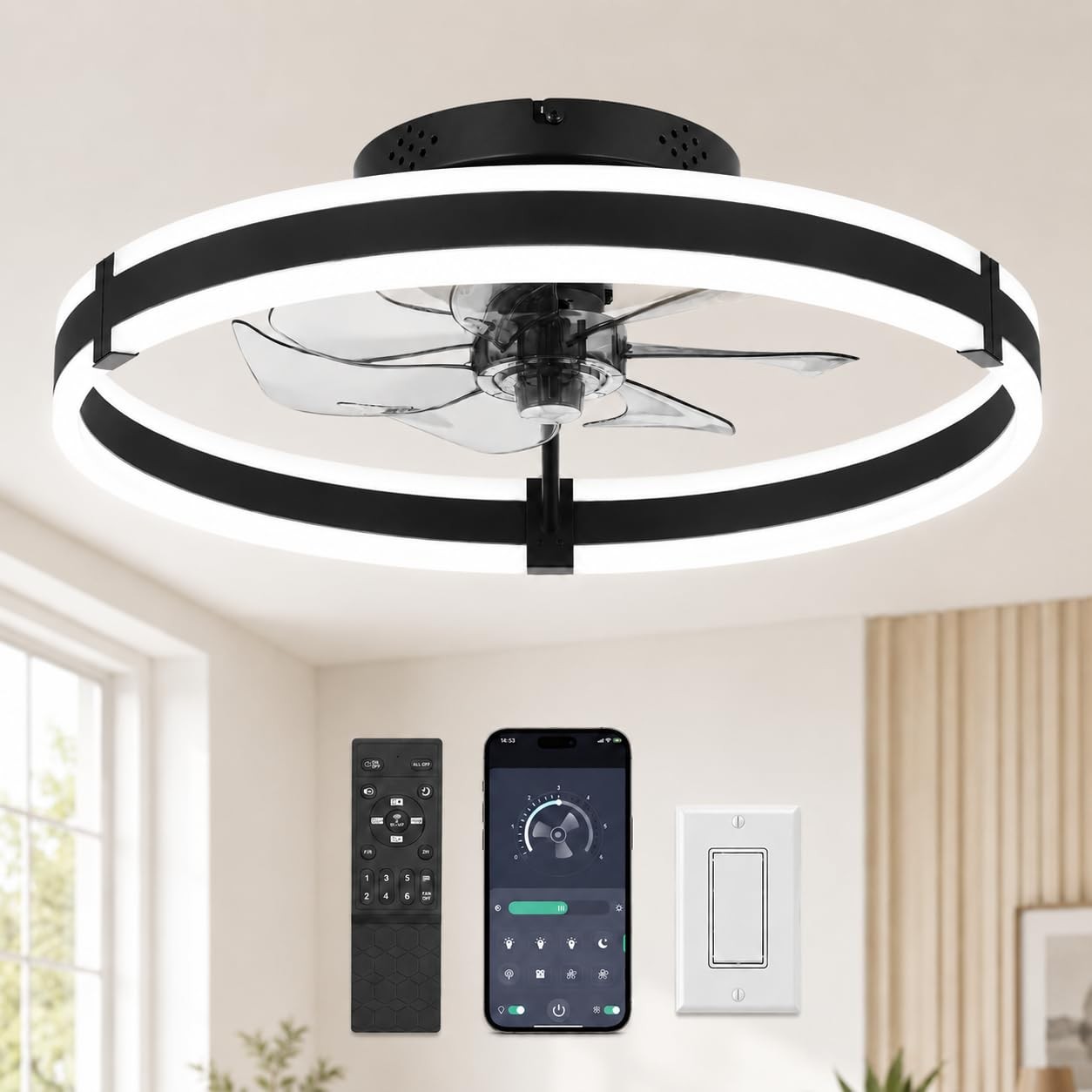 20" Ceiling Fan w/ Light&Remote, Low Profile LED Fandelier, 6-Speed Reversible