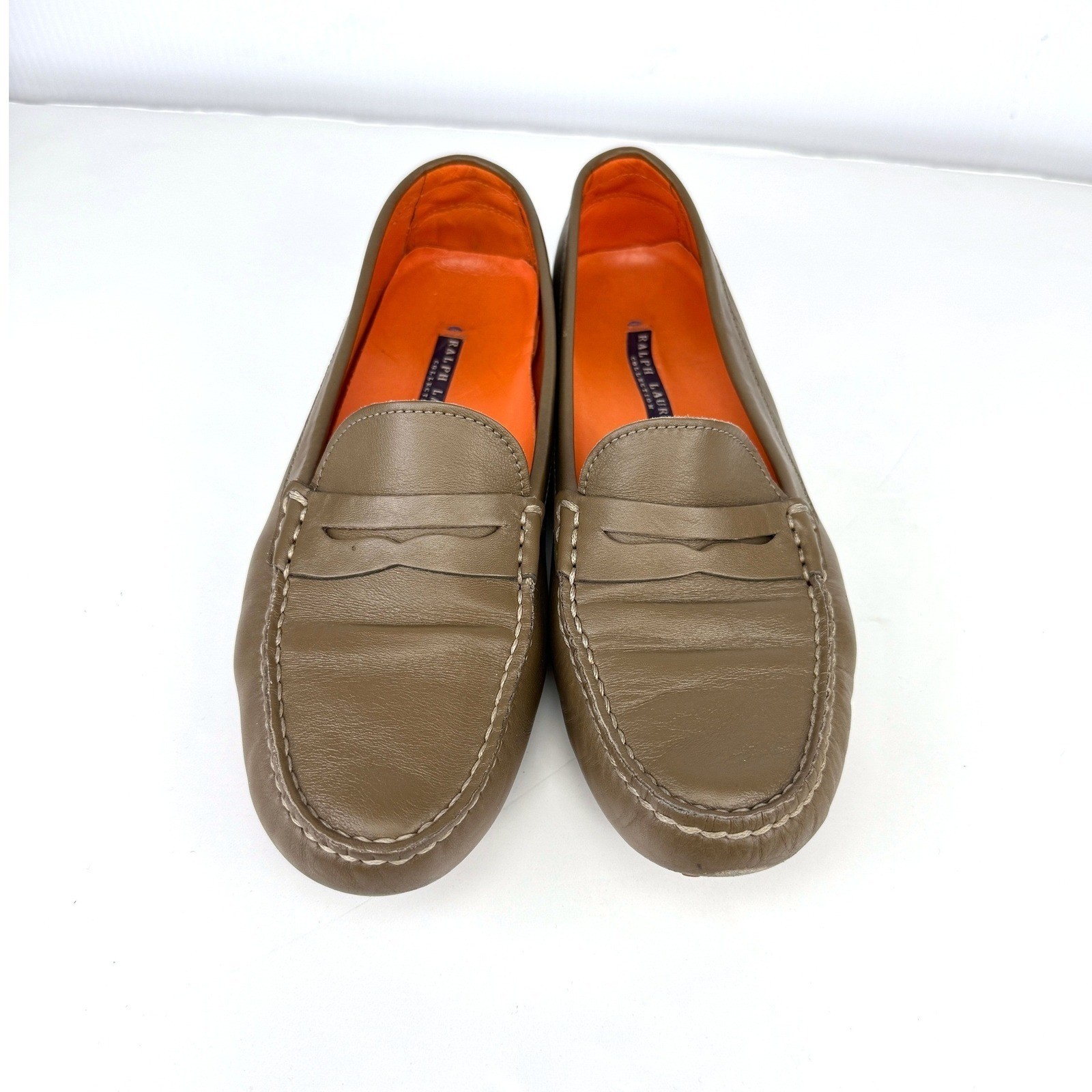 RALPH LAUREN Purple Label Brown Olive Green Leather Driving Loafers 39.5