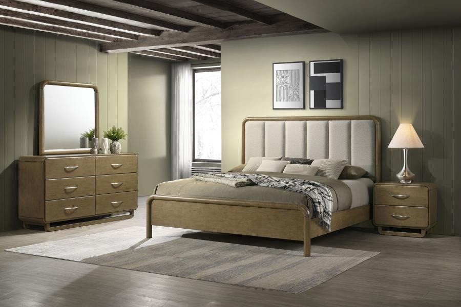4 PC NUTMEG FINISH BEIGE BOUCLE FABRIC KING NS DRESSER BED BEDROOM FURNITURE SET