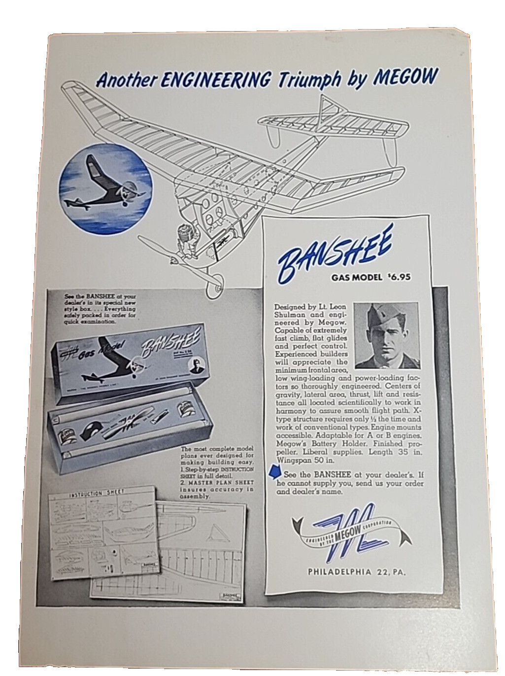 1940's Banshee Gas Model Aircraft Plane Dealer Flyer JRRA1