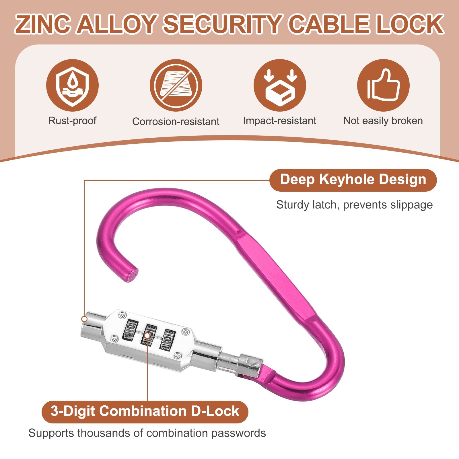 2 Pcs 3.8" x 1.8" D-Shaped 3-Digit Code Combination Lock D-Ring Clip, Pink