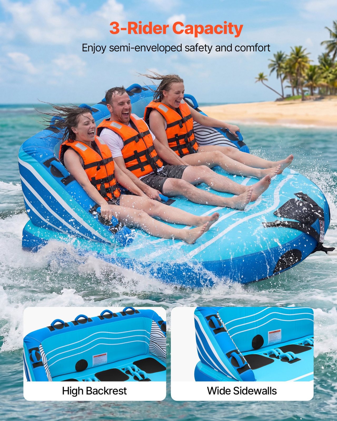 3 Rider Towable Tube for Boat 510lb Inflatable w/Nylon Cover