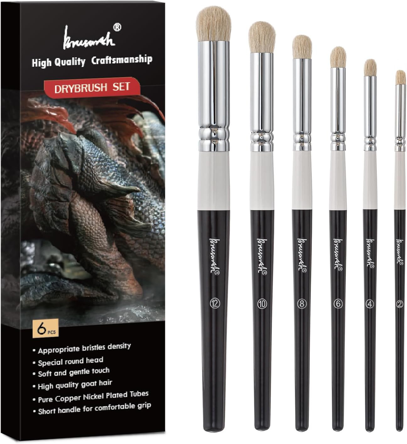 Drybrush Set-Hobby Detail Paint Brush Set, 6 Sizes Goat Hair Acrylic Paint Brush