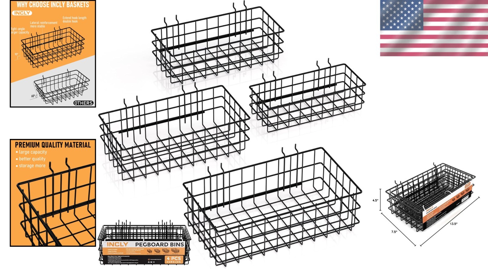 4 Pack Heavy Duty Metal Pegboard Baskets - Adjustable & Rust Resistant
