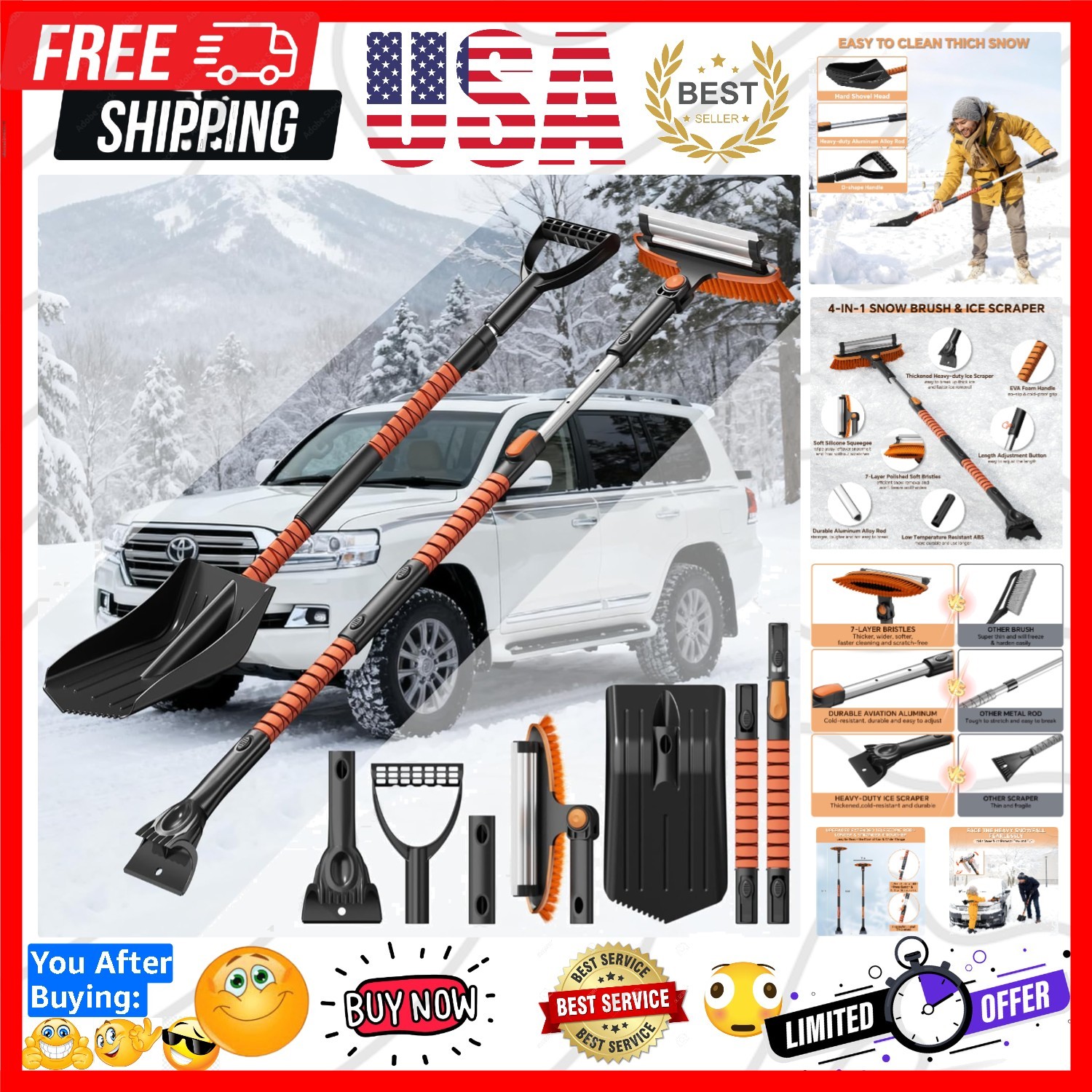 4-In-1 Snow Brush and Ice Scrapers for Car Windshield 55'' Extendable Snow Sh...