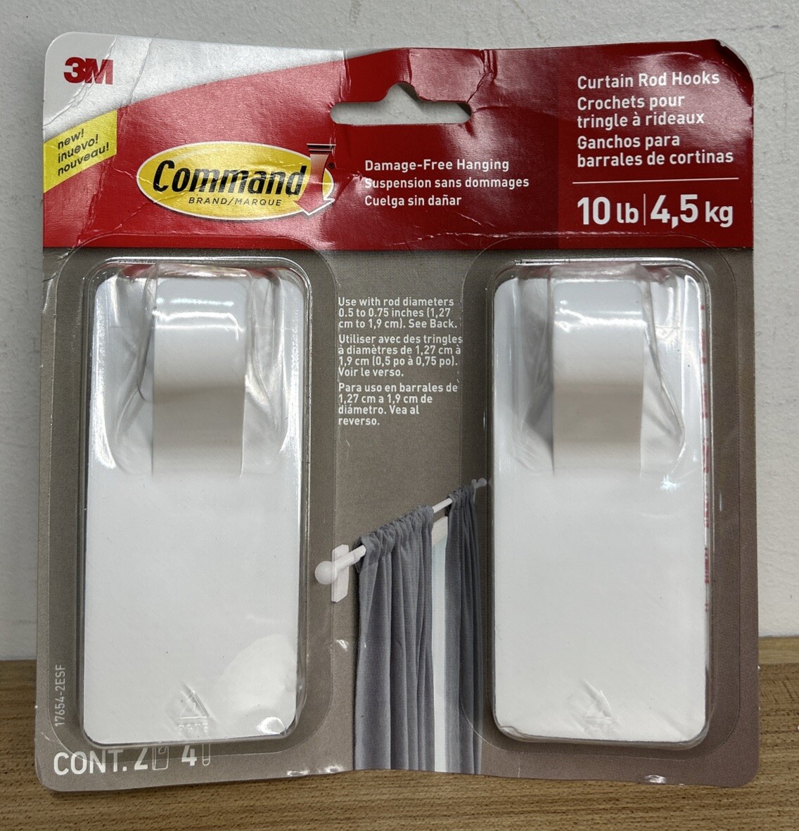 Command White Curtain Rod Hooks, 2 White Hooks, 4 Adhesive Strips, Reusable