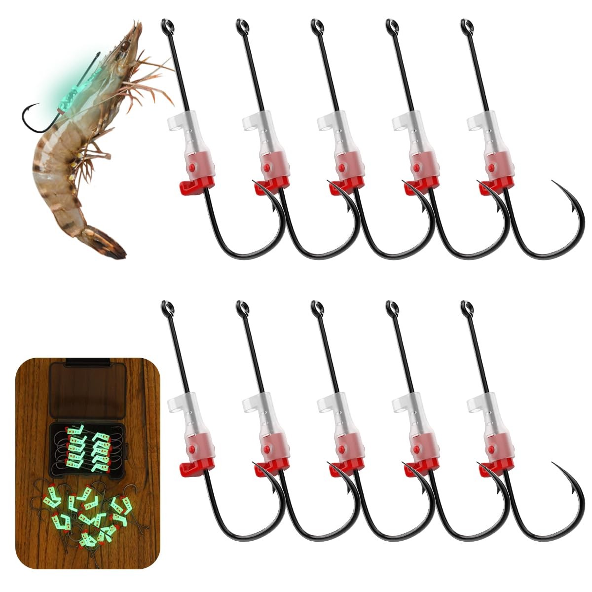 10 Pcs 3/0 Luminous Live Shrimp Hooks - High Carbon Steel Fishing Hooks