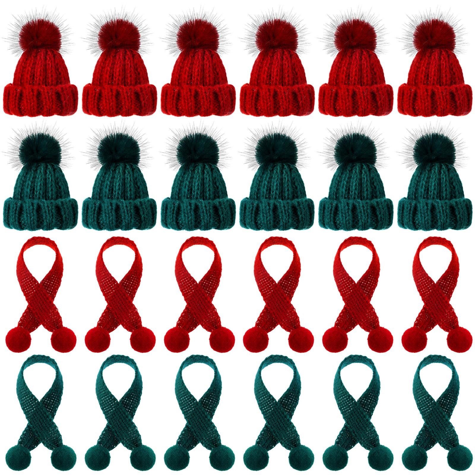24PCS Mini Christmas Knitting Hats And Scarf Set Doll Santa Tree Ornaments DIY