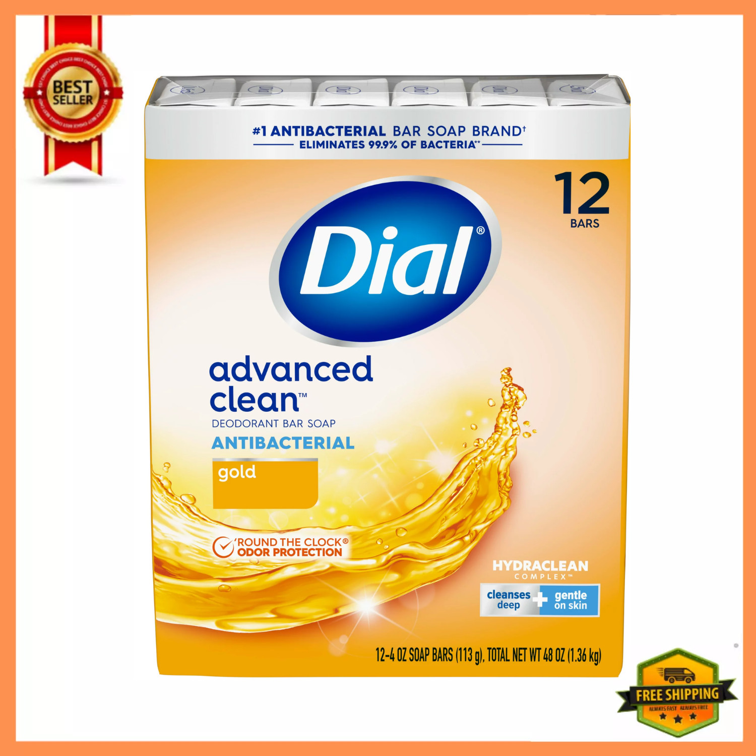 Dial Antibacterial Deodorant Bar Soap, Advanced Clean, Gold, 4 oz, 12 Bars
