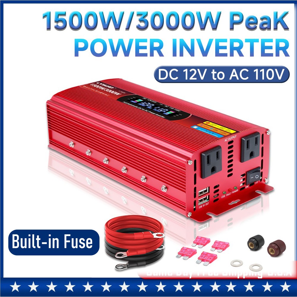 1500W 3000W Power Inverter 12V to 110V 120V Converter 2USB 2AC LCD Built-in Fuse