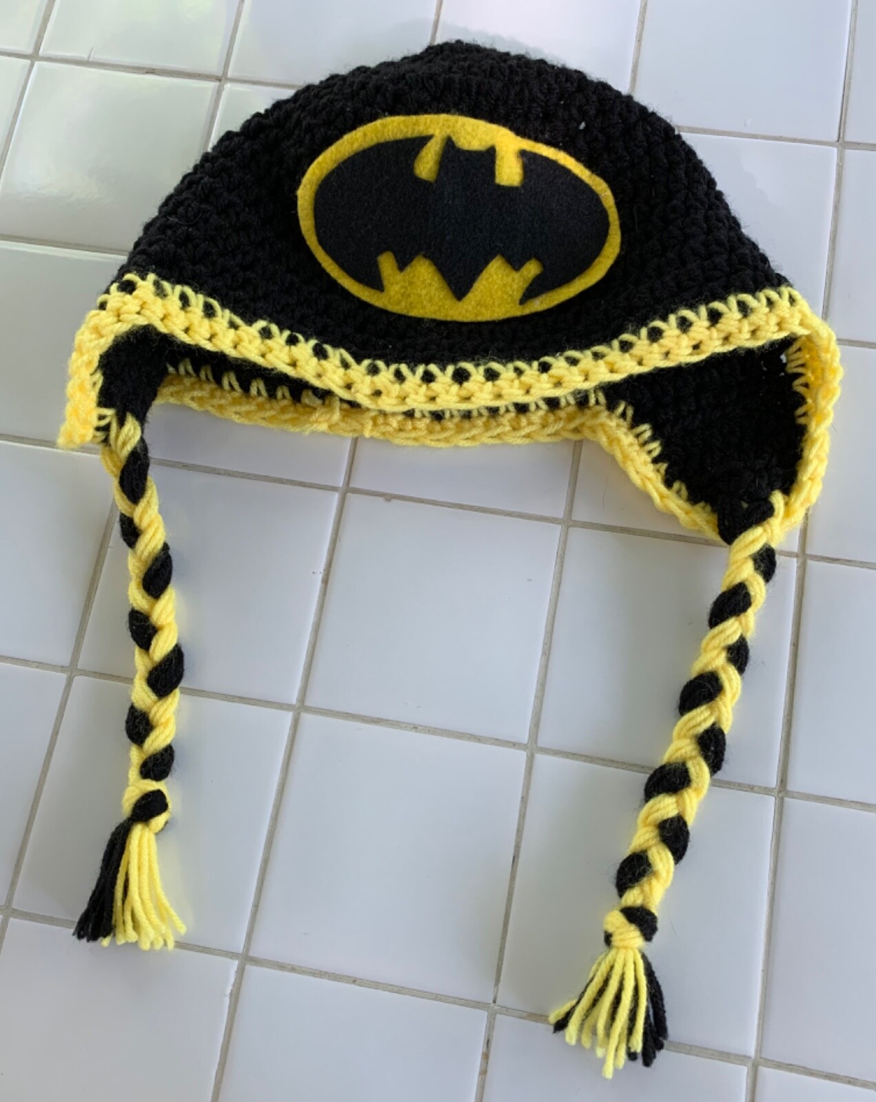 Homemade Crocheted Hat Black Yellow Batman logo