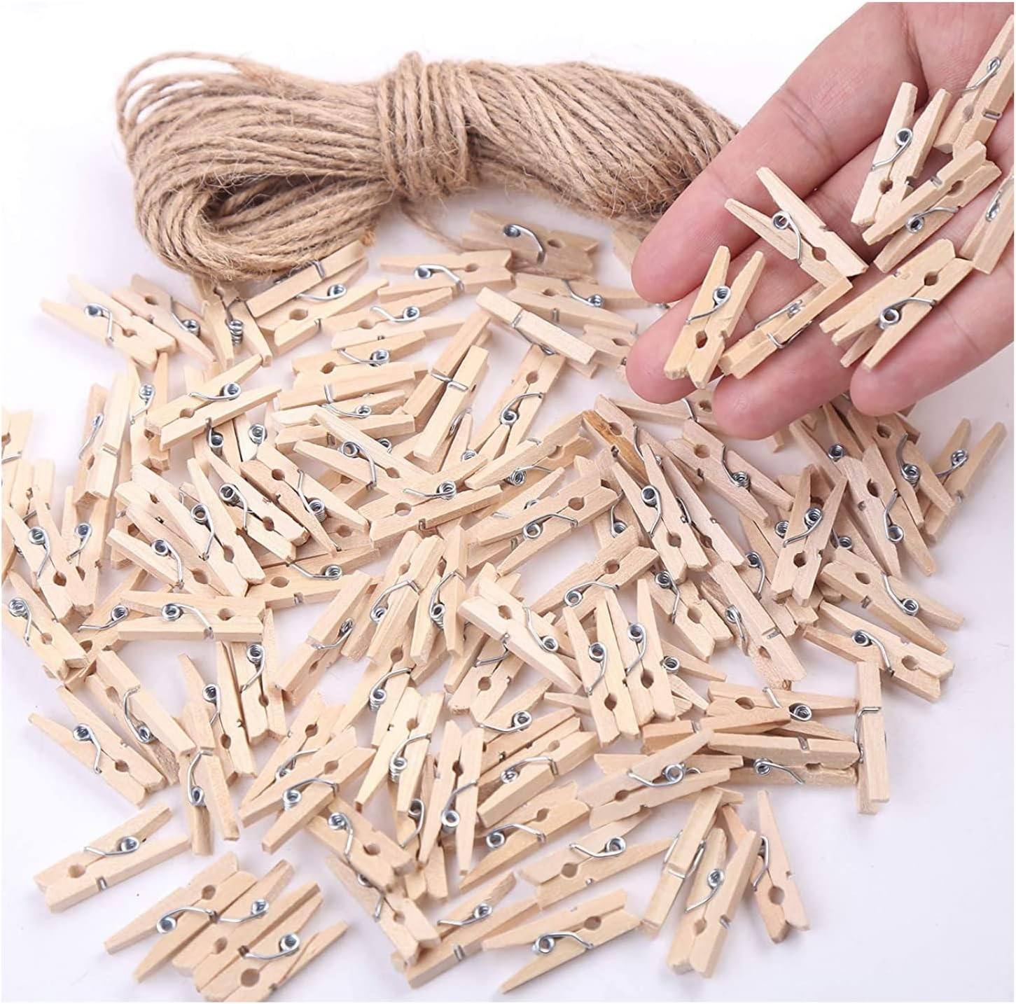 Mini Clothes Pins 200 Pcs - 1" Wooden Clothespins with 11FT Jute Twine, Small Ti