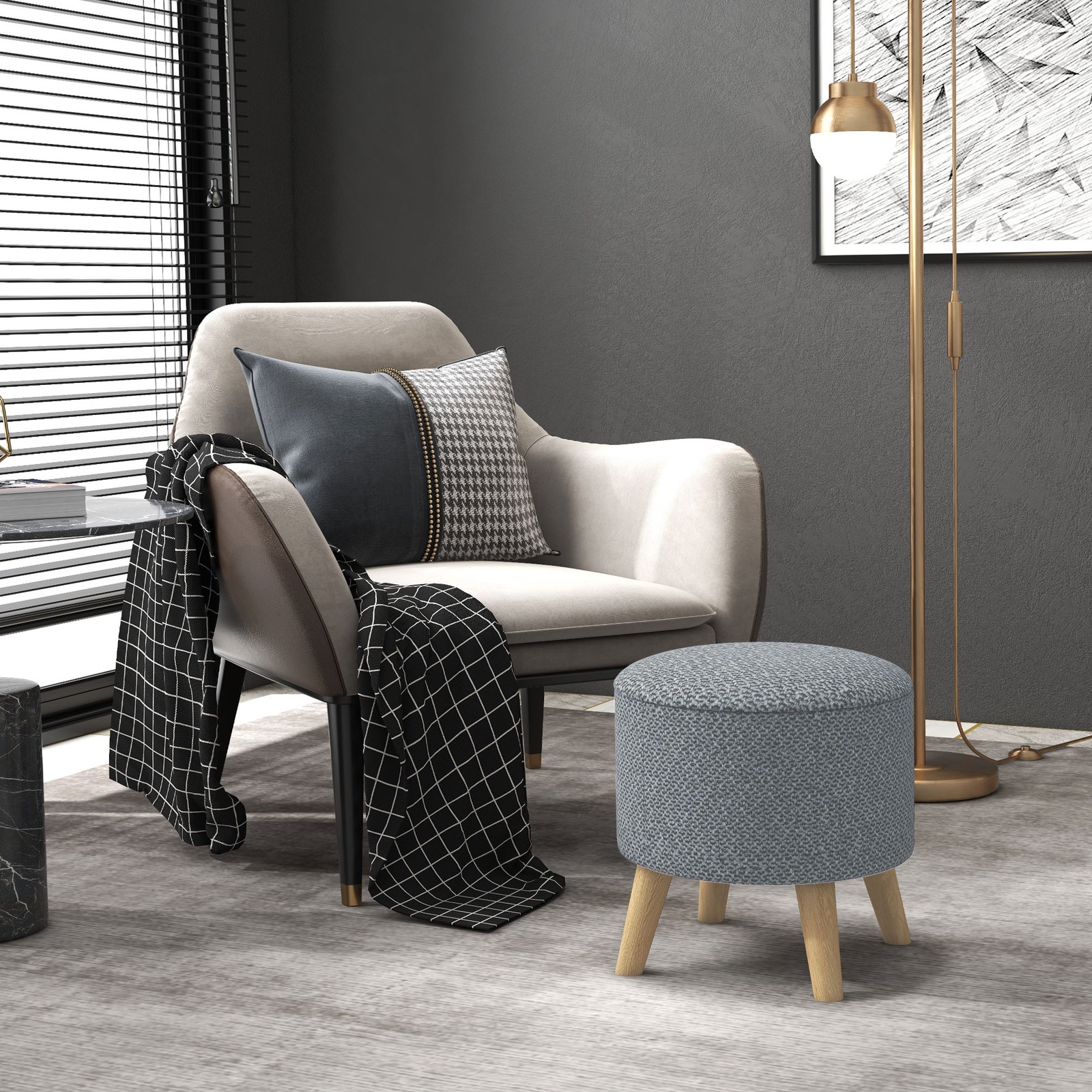 Gray Round Storage Ottoman, Cushioned Stool Chair with Hidden Storage