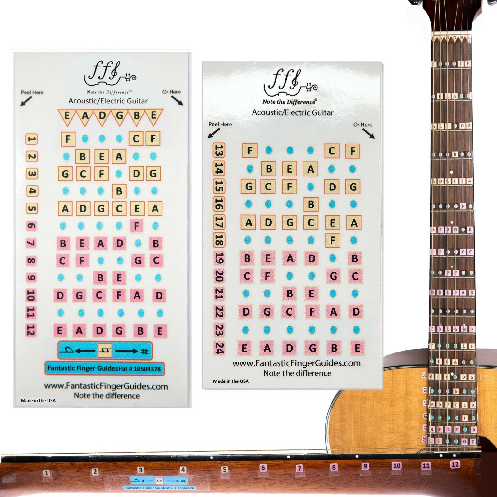 Fantastic Finger Guides® for Acoustic Guitar Frets 1-24 Fretboard Stickers/Decal