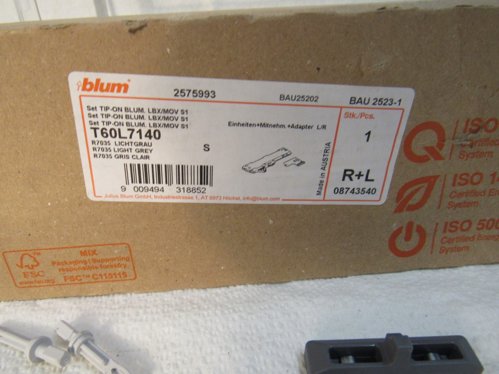 Blum T60L7140 TIP-ON SET (R & L) BLUMOTION For Short/Light Drawers - Grey
