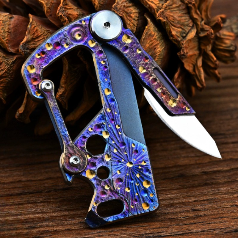 EDC Titanium Alloy Meteorite Pattern Key Chain Carabiner Outdoor Folding Knife