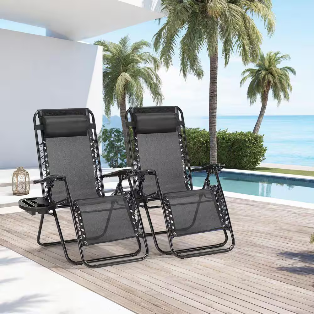 Outdoor Lounge Chair in Black Set of 2, Zero Cravity Folding Mesh Recliners with