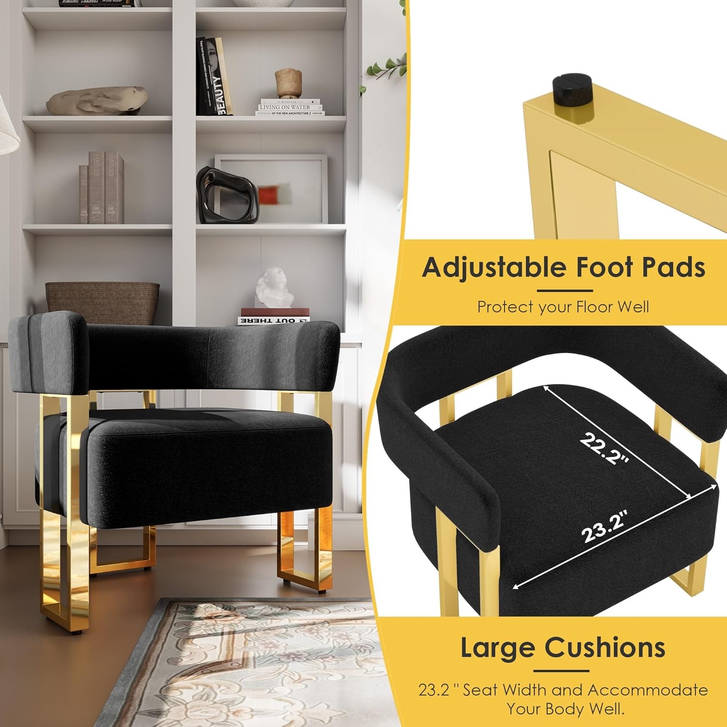 Modern Black and Gold Accent Chair Set of 2 Boucle Bucket Arm Chairs Bedroom