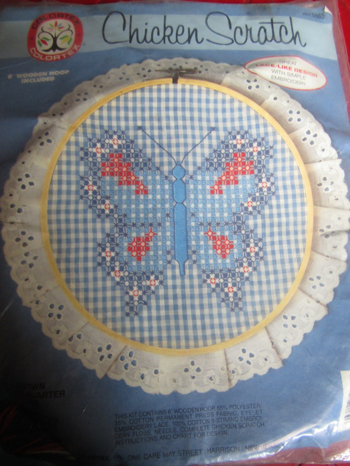 COLORTEX Vintage BUTTERFLY w/HOOP FRAME Chicken Scratch Cross Stitch KIT - 1983