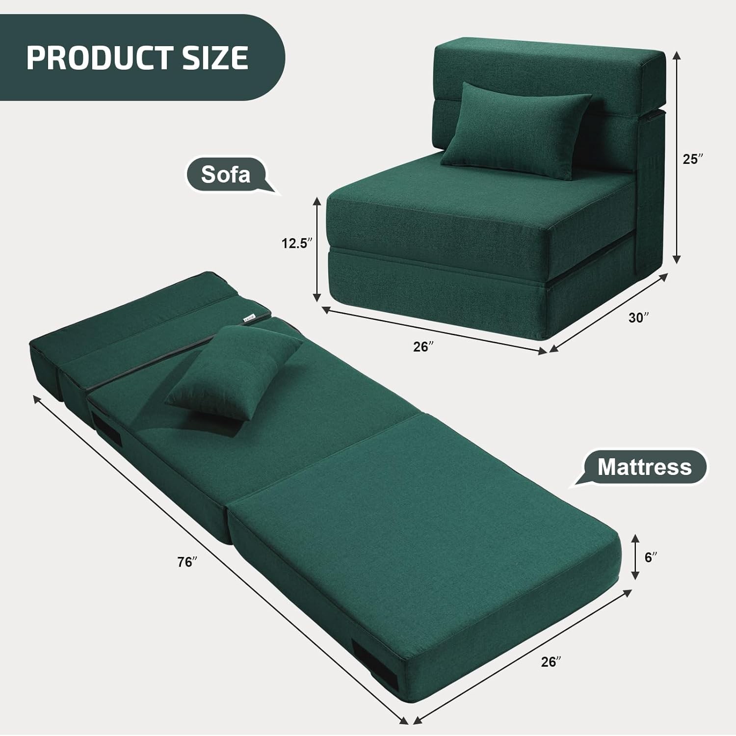 Folding Sofa Bed W/ Pillow- Convertible Chair Floor Couch & Sleeping Mattress