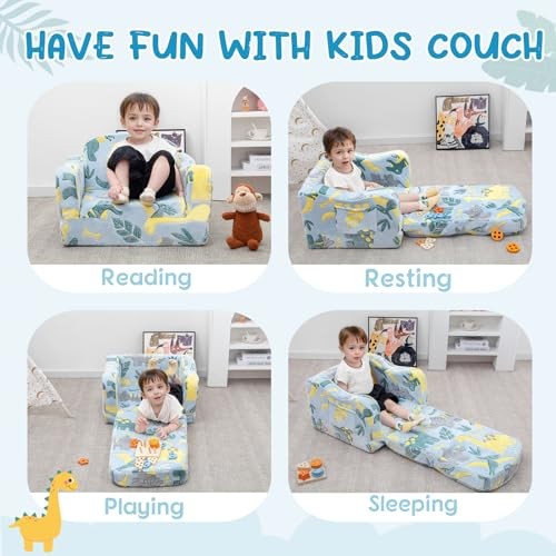 Comfy Toddler Chair and Couch for Kids with Blanket,2-in-1 Soft Plush Green
